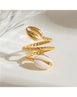 French Style Twin Shell Open-end Bold Fashion Wholesale Titanium Steel Jewelry Women Stainless Steel Ring