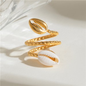 French Style Twin Shell Open-end Bold Fashion Wholesale Titanium Steel Jewelry Women Stainless Steel Ring