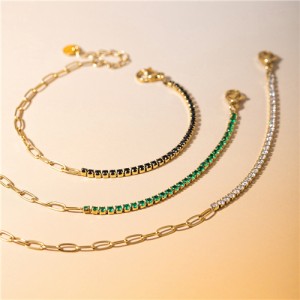 (3 Options) 1 Piece Fashion Cubic Zirconia with Chain Design Wholesale Women Golden Stainless Steel Bracelet