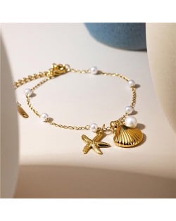 French Style Pearl with Shell Starfish Pendant Design Wholesale Women Golden Stainless Steel Bracelet