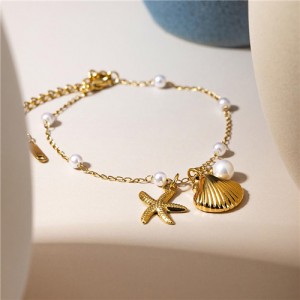 French Style Pearl with Shell Starfish Pendant Design Wholesale Women Golden Stainless Steel Bracelet