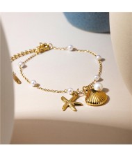 French Style Pearl with Shell Starfish Pendant Design Wholesale Women Golden Stainless Steel Bracelet