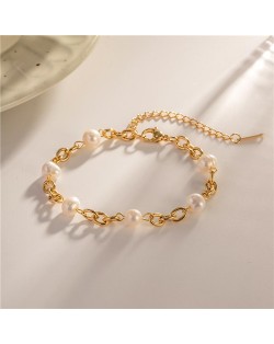 Popular French Style Pearl with Chain Titanium Steel Jewrlry Wholesale Women Fashion Stainless Steel Bracelet