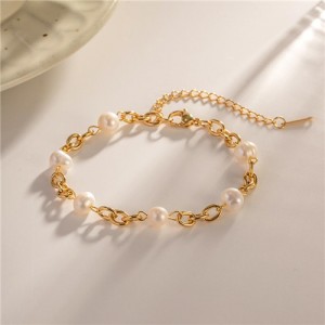 Popular French Style Pearl with Chain Titanium Steel Jewrlry Wholesale Women Fashion Stainless Steel Bracelet