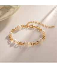 Popular French Style Pearl with Chain Titanium Steel Jewrlry Wholesale Women Fashion Stainless Steel Bracelet