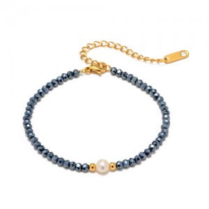 Titanium Steel Jewelry Pearl Dacrated Blue Natural Lapis Lazuli Chain Fashion Wholesale Women Stainless Steel Bracelet