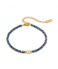 Titanium Steel Jewelry Pearl Dacrated Blue Natural Lapis Lazuli Chain Fashion Wholesale Women Stainless Steel Bracelet