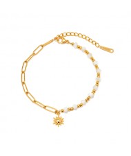 Titanium Steel Jewelry Shell and Golden Bead Sun Pendant Fashion Wholesale Women Stainless Steel Bracelet