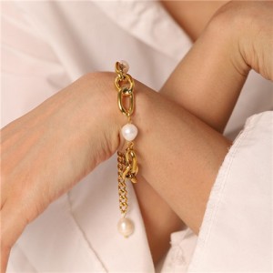 Titanium Steel Jewelry Baroque Style Pearl Decorated Chain Fashion Wholesale Women Stainless Steel Bracelet