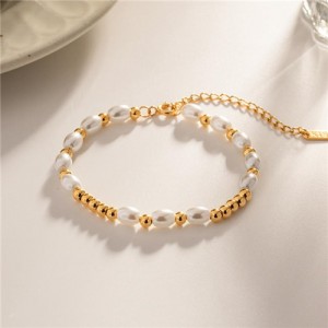 Baroque Style Pearl and Golden Bead Titanium Steel Jewelry Fashion Wholesale Women Stainless Steel Bracelet
