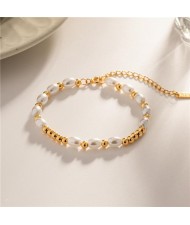 Baroque Style Pearl and Golden Bead Titanium Steel Jewelry Fashion Wholesale Women Stainless Steel Bracelet