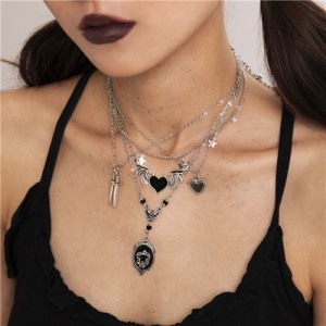 Halloween Jewelry Punk Style Black Bat Heart Pendant Multi-layer Fashion Wholesale Women Necklace