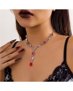 Halloween Jewelry Gothic Style Daemon Red Gem Pendant Fashion Wholesale Women Necklace - Silver