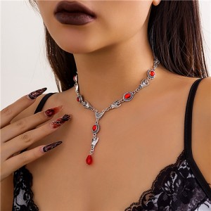 Halloween Jewelry Gothic Style Daemon Red Gem Pendant Fashion Wholesale Women Necklace - Silver