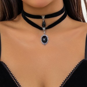 Halloween Jewelry Oval Black Pendant Two Layers Fashion Wholesale Women Short Necklace