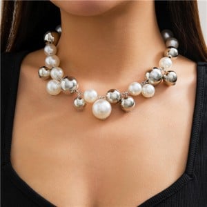 Punk Style Big Pearl Short Design U.S. Fashion Wholesale Women Choker Necklace - Silver