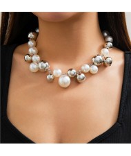 Punk Style Big Pearl Short Design U.S. Fashion Wholesale Women Choker Necklace - Silver
