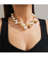 Punk Style Big Pearl Short Design U.S. Fashion Wholesale Women Choker Necklace - Golden