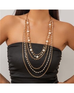 Cool Sweet Style Multi-layer Pearl Long Design U.S. Fashion Wholesale Women Statemet Necklace