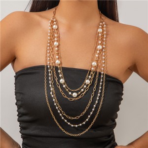 Cool Sweet Style Multi-layer Pearl Long Design U.S. Fashion Wholesale Women Statemet Necklace