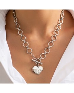 Cool Style Ring Chain Design Love Heart Pendant U.S. Fashion Wholesale Women Statemet Necklace - Silver