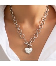 Cool Style Ring Chain Design Love Heart Pendant U.S. Fashion Wholesale Women Statemet Necklace - Silver
