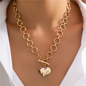 Cool Style Ring Chain Design Love Heart Pendant U.S. Fashion Wholesale Women Statemet Necklace - Golden
