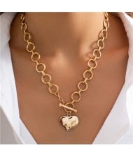 Cool Style Ring Chain Design Love Heart Pendant U.S. Fashion Wholesale Women Statemet Necklace - Golden