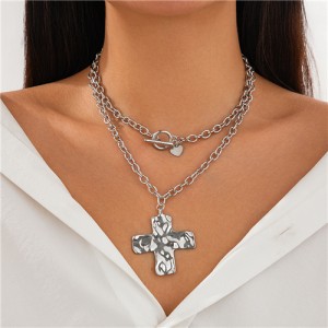Business Style Two Layers Design Cross Pendant U.S. Fashion Wholesale Women Necklace - Silver