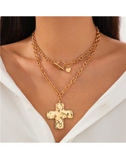 Business Style Two Layers Design Cross Pendant U.S. Fashion Wholesale Women Necklace - Golden