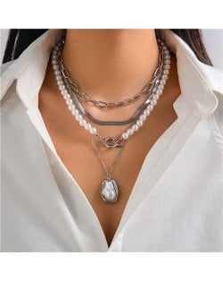 Popular Pearl and Alloy Chain Multi-layer Design Fashion Wholesale Women Necklace - Silver
