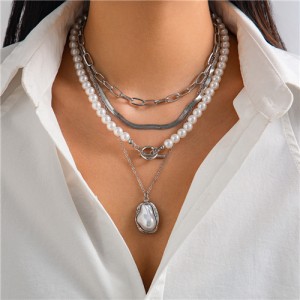 Popular Pearl and Alloy Chain Multi-layer Design Fashion Wholesale Women Necklace - Silver