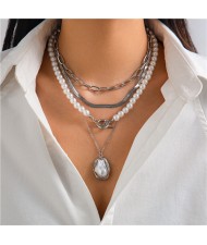 Popular Pearl and Alloy Chain Multi-layer Design Fashion Wholesale Women Necklace - Silver