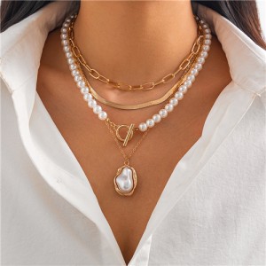 Popular Pearl and Alloy Chain Multi-layer Design Fashion Wholesale Women Necklace - Golden