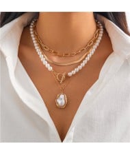 Popular Pearl and Alloy Chain Multi-layer Design Fashion Wholesale Women Necklace - Golden
