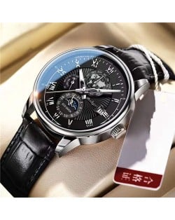 High Quality Waterproof Watch for Men Business Style Wholesale Quartz Leather Band Men Watch - Black Silver