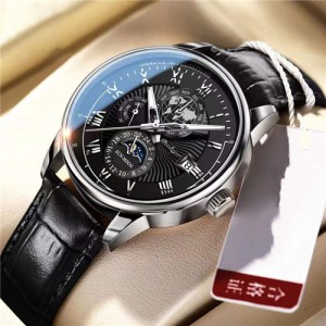 High Quality Waterproof Watch for Men Business Style Wholesale Quartz Leather Band Men Watch - Black Silver