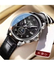 High Quality Waterproof Watch for Men Business Style Wholesale Quartz Leather Band Men Watch - Black Silver
