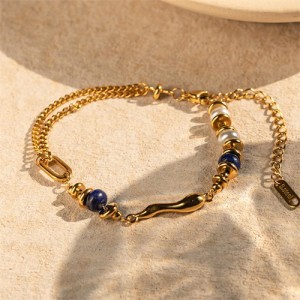 Titanium Steel Jewelry 18K Gold Lapis Lazuli with Pearl Wholesale Women Stainless Steel Bracelet