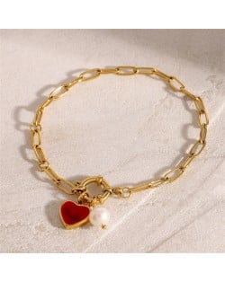 Red Heart Pendant Titanium Steel Wholesale Jewelry Elegant Pearl Decorated Women Stainless Steel Bracelet