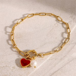 Red Heart Pendant Titanium Steel Wholesale Jewelry Elegant Pearl Decorated Women Stainless Steel Bracelet