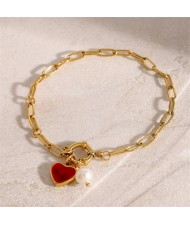 Red Heart Pendant Titanium Steel Wholesale Jewelry Elegant Pearl Decorated Women Stainless Steel Bracelet
