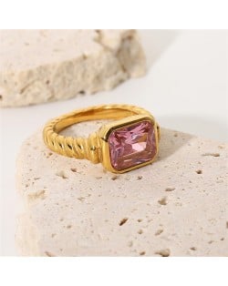 Titanium Steel Jewelry Wholesale Rectangle Pink Stone Spiral Design Retro Women Stainless Steel Ring