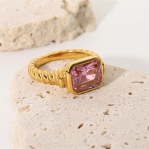 Titanium Steel Jewelry Wholesale Rectangle Pink Stone Spiral Design Retro Women Stainless Steel Ring