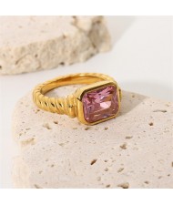 Titanium Steel Jewelry Wholesale Rectangle Pink Stone Spiral Design Retro Women Stainless Steel Ring