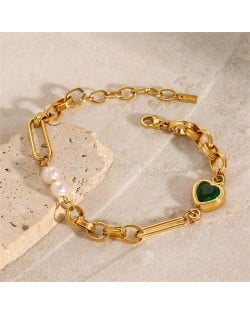 High Quality Titanium Steel Wholesale Jewelry Green Heart and Pearl Women Stainless Steel Bracelet