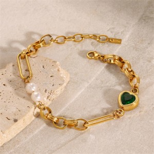 High Quality Titanium Steel Wholesale Jewelry Green Heart and Pearl Women Stainless Steel Bracelet