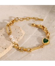 High Quality Titanium Steel Wholesale Jewelry Green Heart and Pearl Women Stainless Steel Bracelet