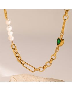High Quatity Titanium Steel Jewelry Fashion Wholesale Green Heart Pearl Women Titanium Steel Necklace