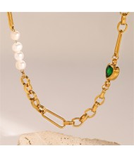 High Quatity Titanium Steel Jewelry Fashion Wholesale Green Heart Pearl Women Titanium Steel Necklace
